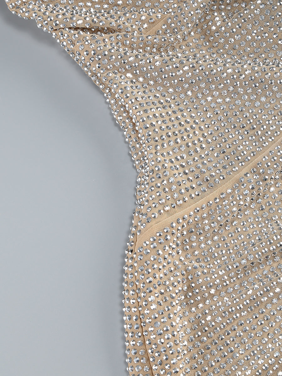 off-shoulder crystal-embellished mini dress in silver Flowering Girl