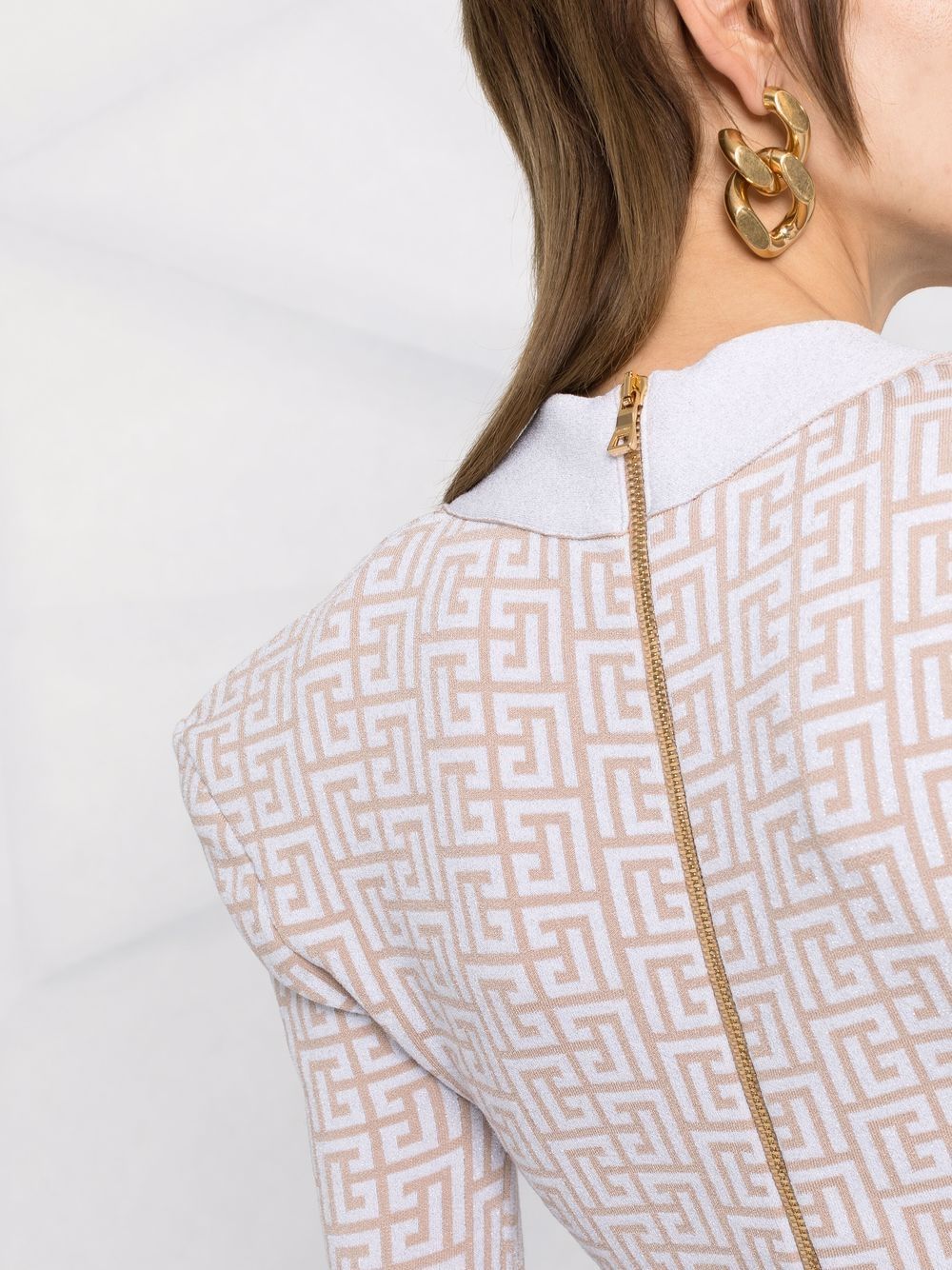 monogram-pattern long-sleeve dress in beige Flowering Girl