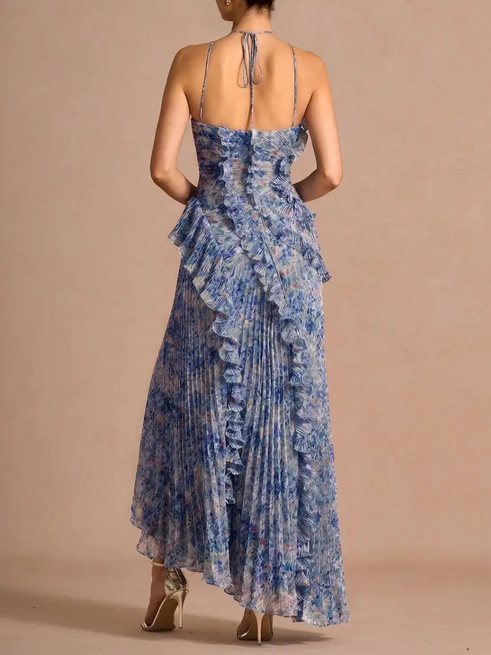 Finneas Purple Floral Halter Pleated Maxi Dress Flowering Girl