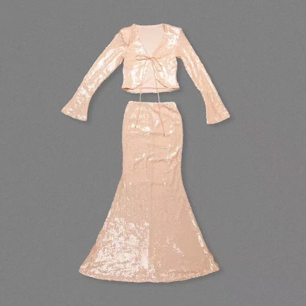 Aubelin Sequin Two Piece Set - Nude Flowering Girl