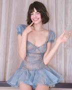 Lace Embroidery Puffy Mini Dress In Blue Flowering Girl