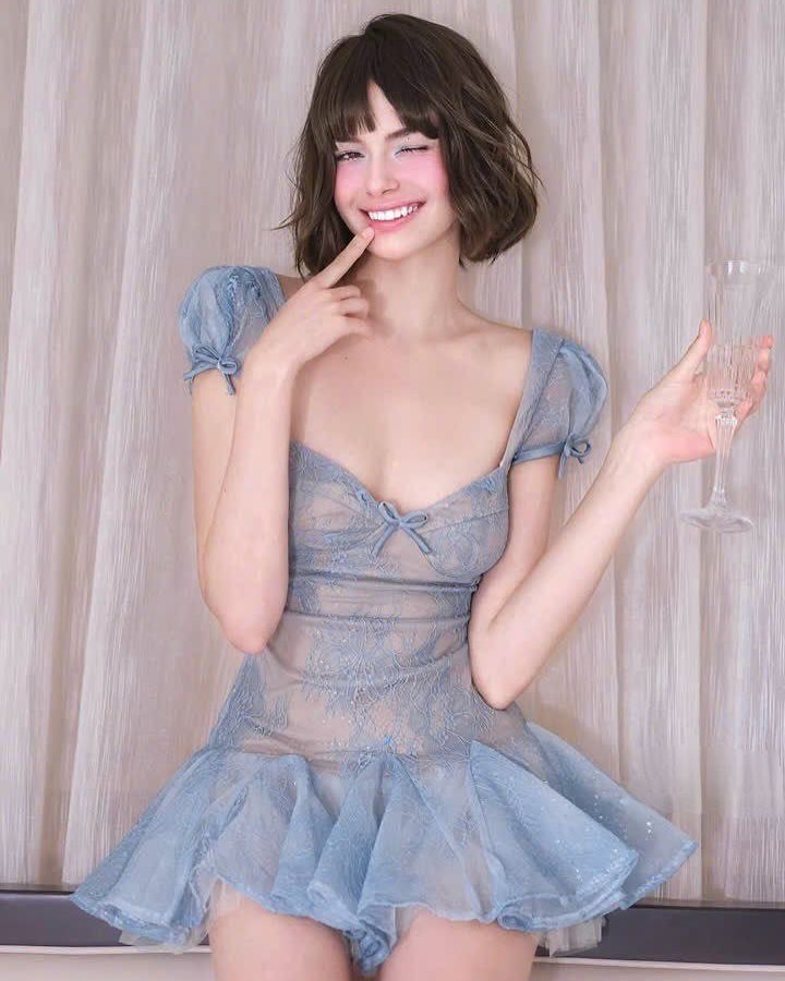 Lace Embroidery Puffy Mini Dress In Blue Flowering Girl