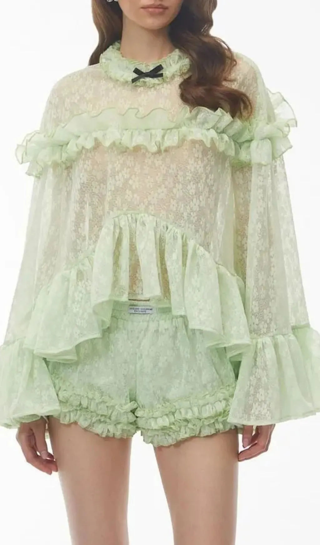 Vanessa Mint Green Floral Lace Ruffled Top & Shorts Set Flowering Girl