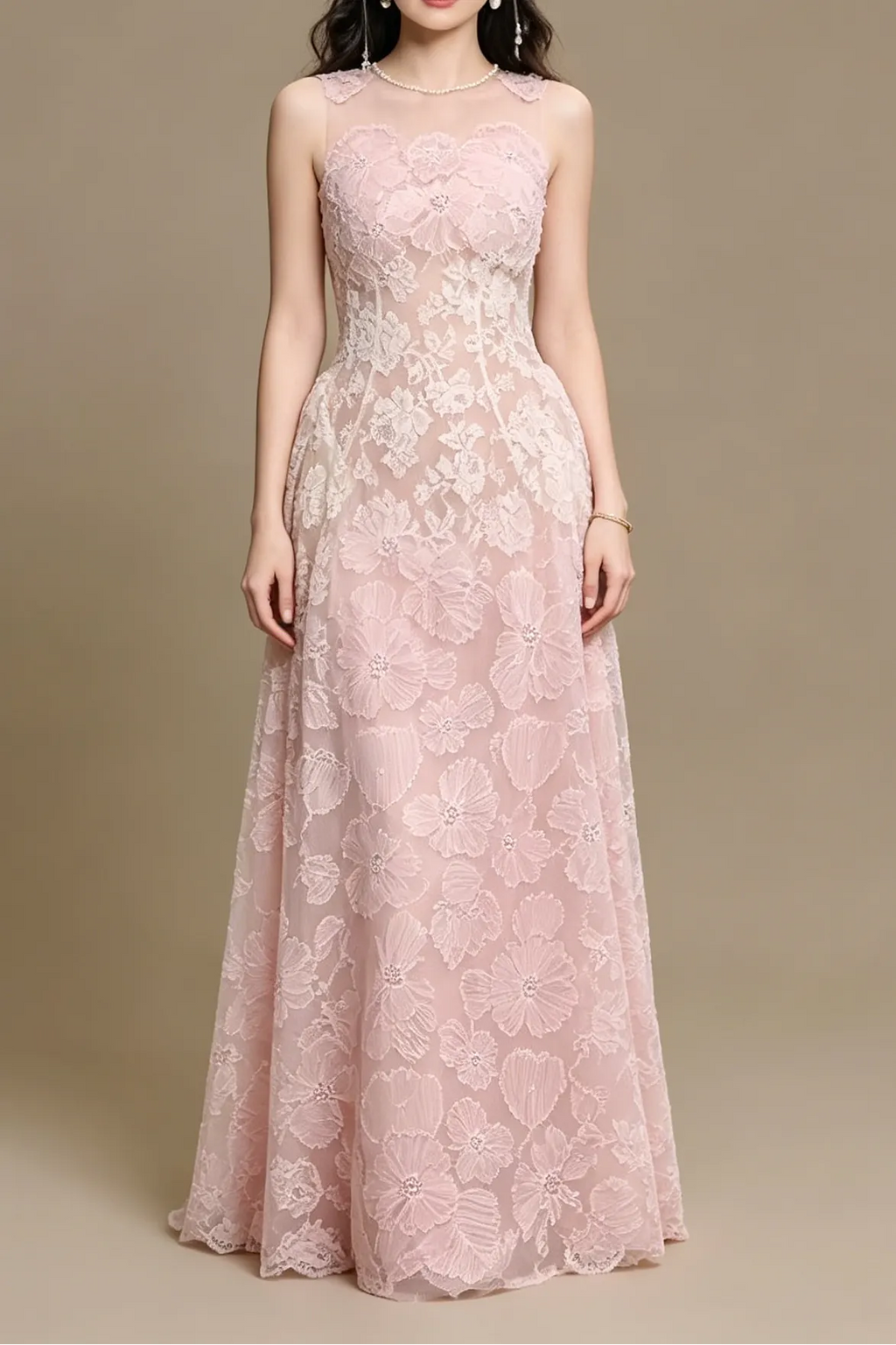 Pink 3D Floral Beaded Maxi Dress Flowering Girl