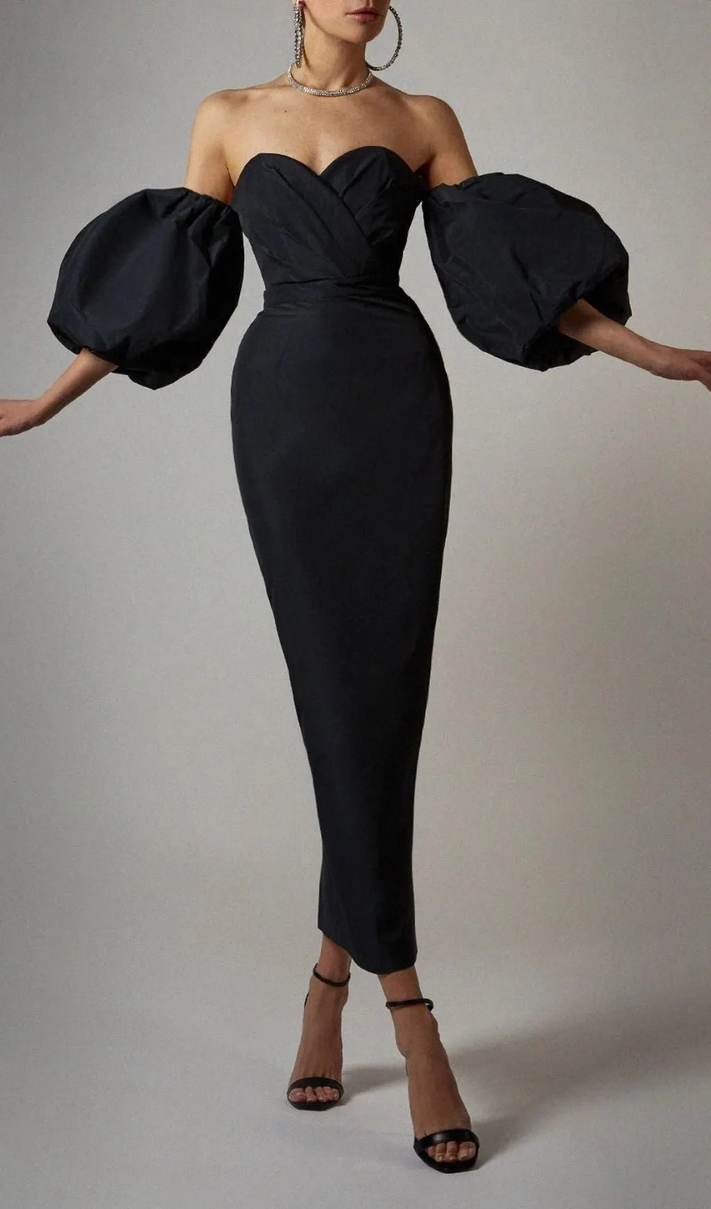 Puff Sleeve Midi Dress In Black Flowering Girl