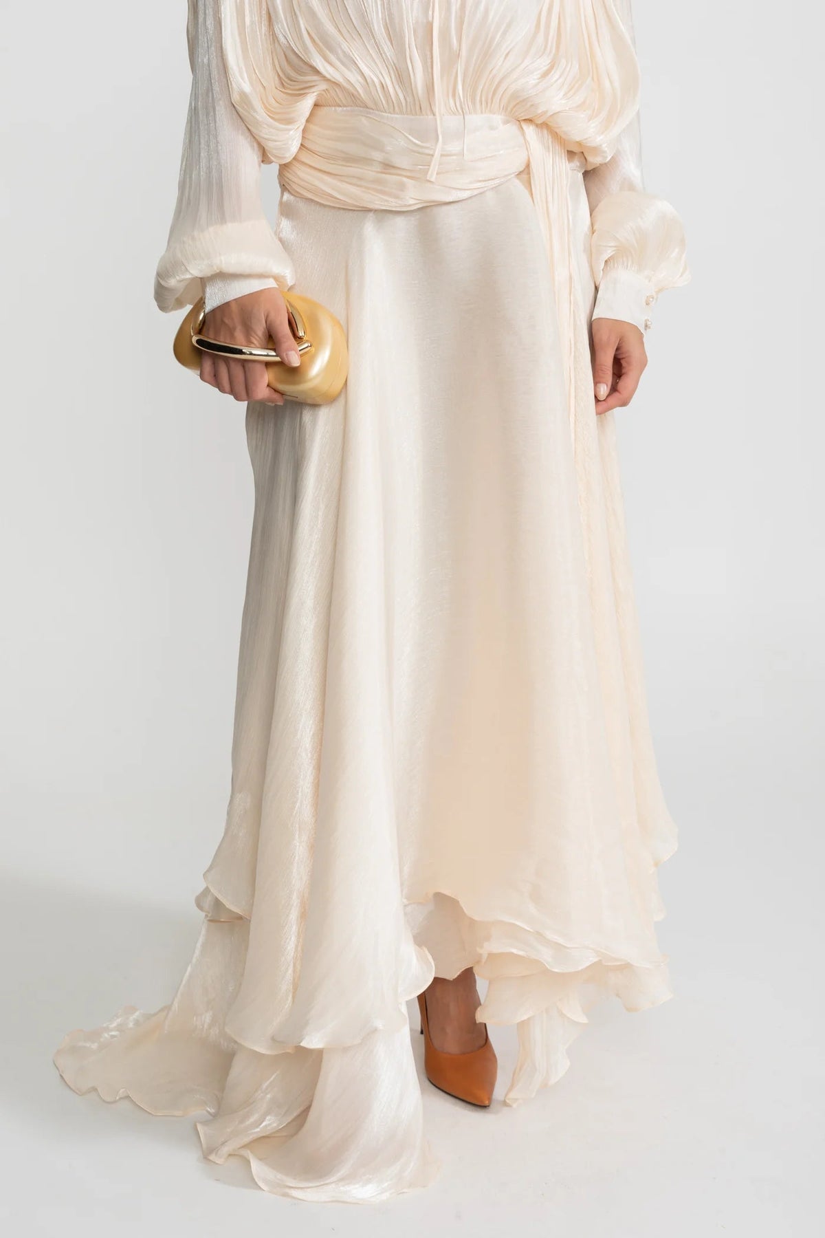 Ivory Pleated Bodice Draped Puff Sleeve Maxi Dress Flowering Girl