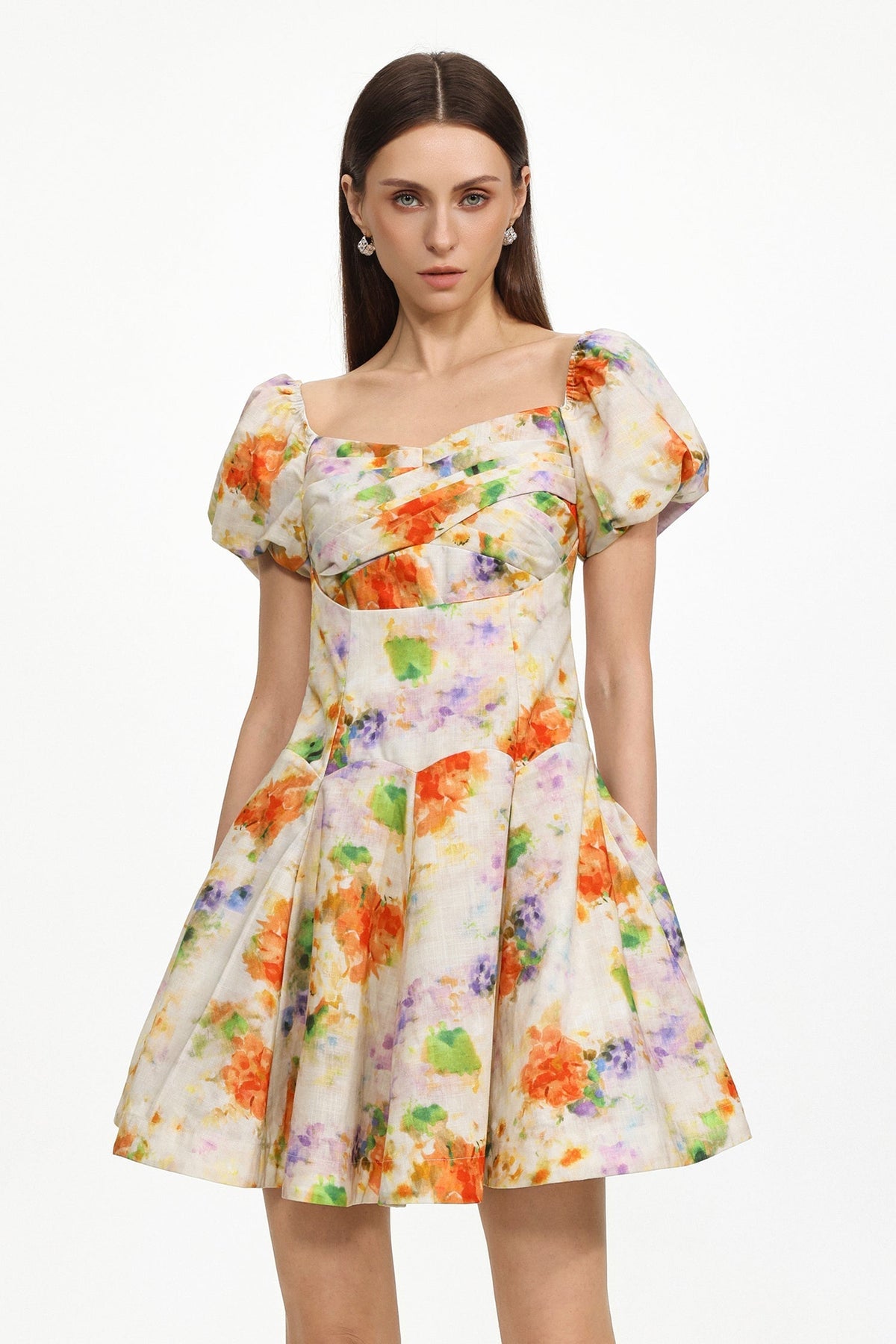 Gearoid Ruched Puff Sleeve Floral Print Woven Mini Dress Flowering Girl