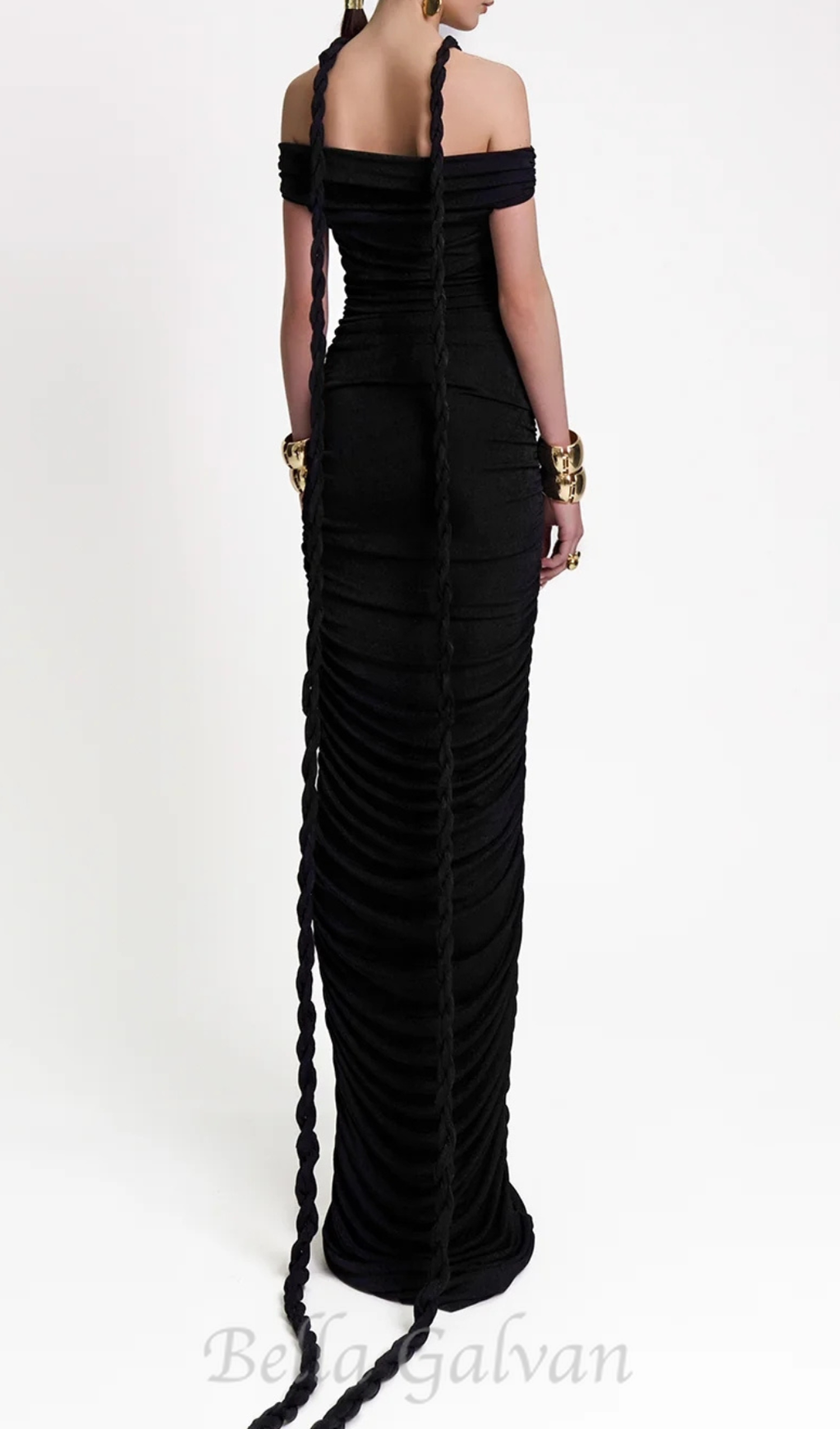 cara black off-shoulder ruched bodycon maxi dress with rope embellished Flowering Girl