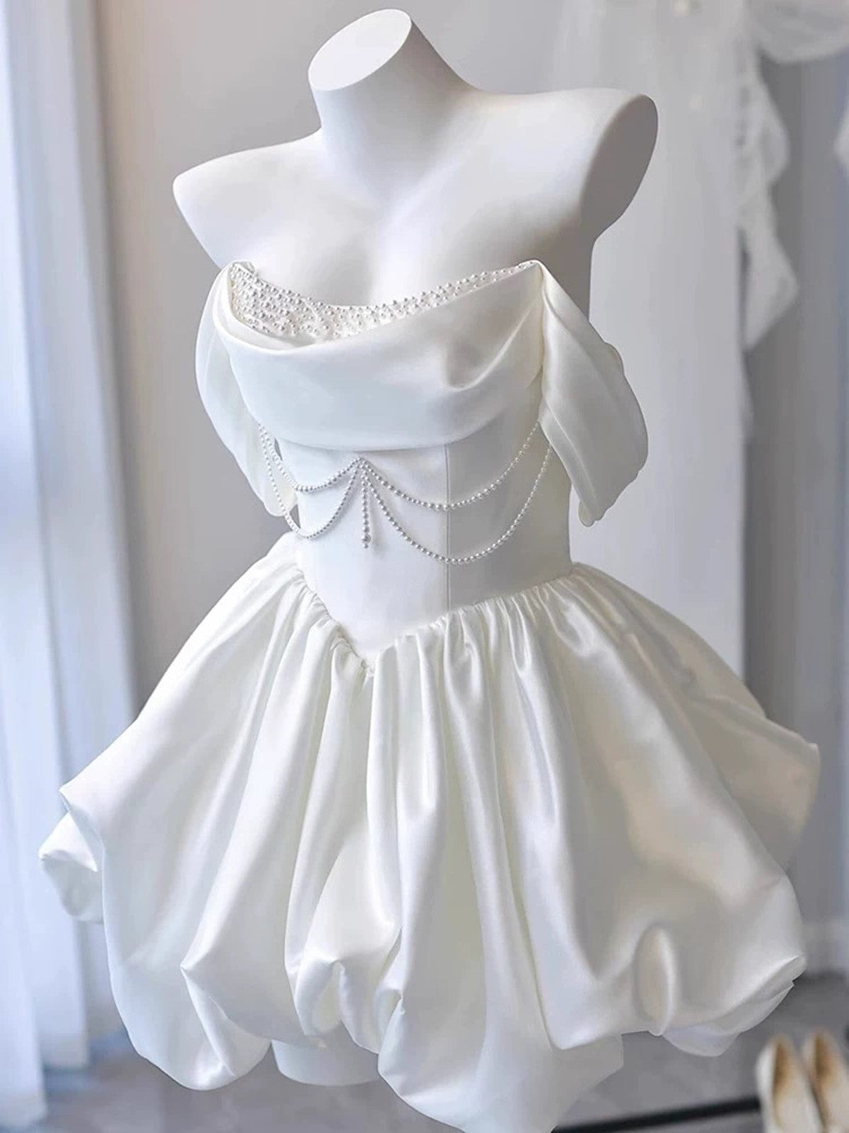 White Satin Beaded Off Shoulder Mini Dress Flowering Girl