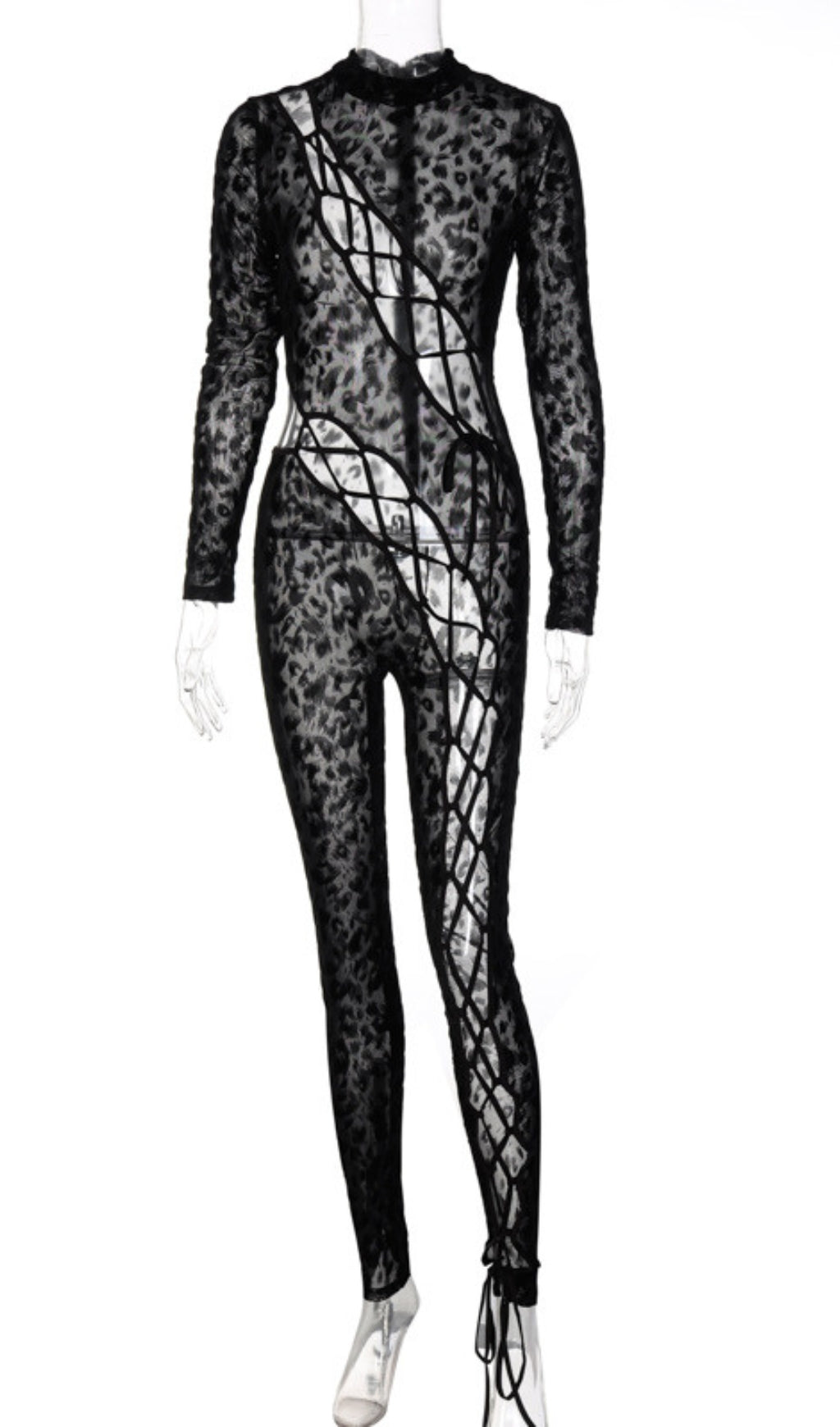Lace Up Leopard Printed Mesh Jumpsuit Flowering Girl
