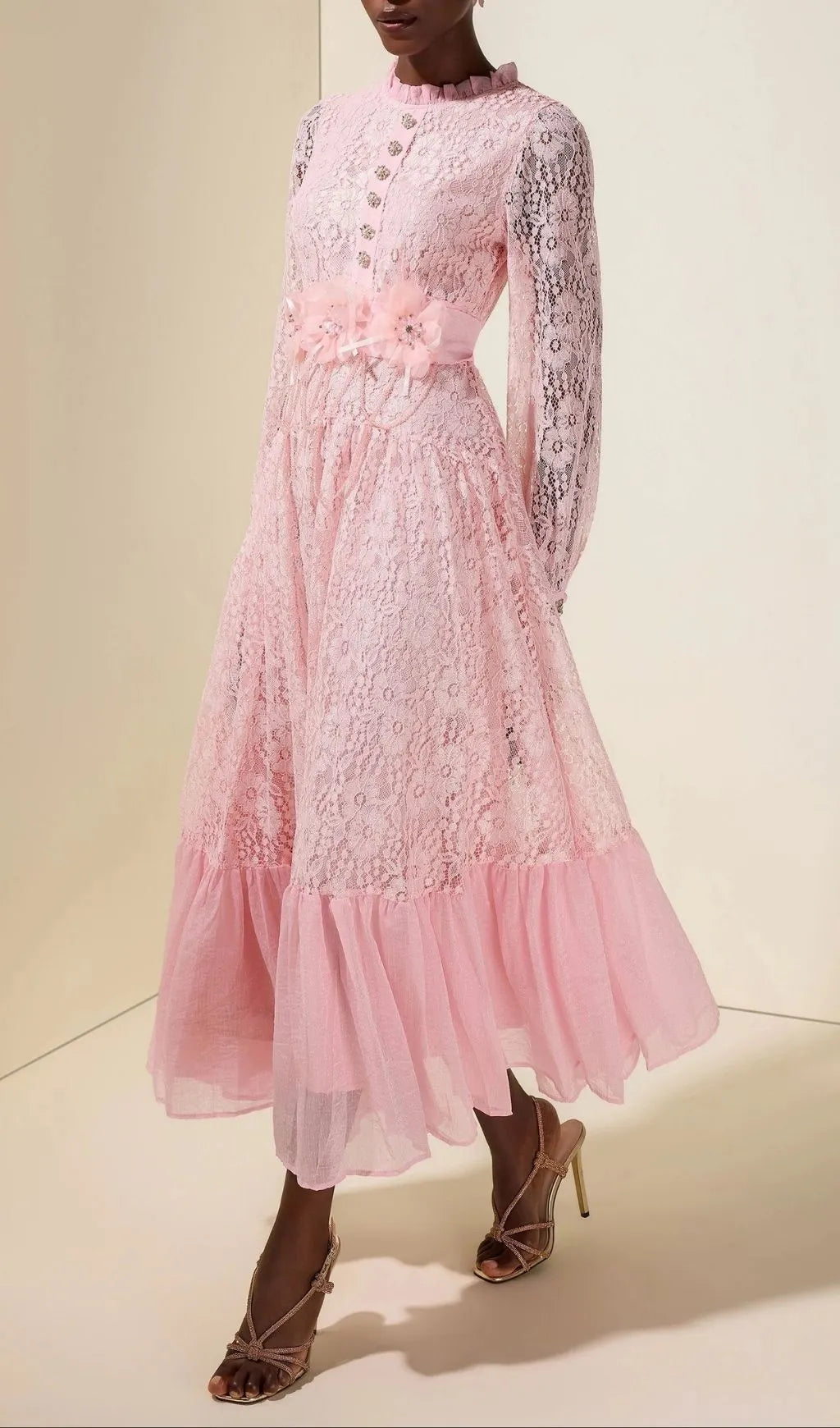 Virginia Lace 3D Flower Rhinestone Rivets Midi Dress - Pink Flowering Girl