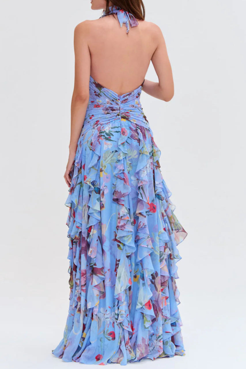 Floral Halter Ruffle Tulle Maxi Dress In Blue Flowering Girl