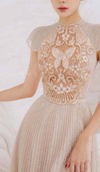 Pleated Embroidery Midi Dress In Beige Flowering Girl