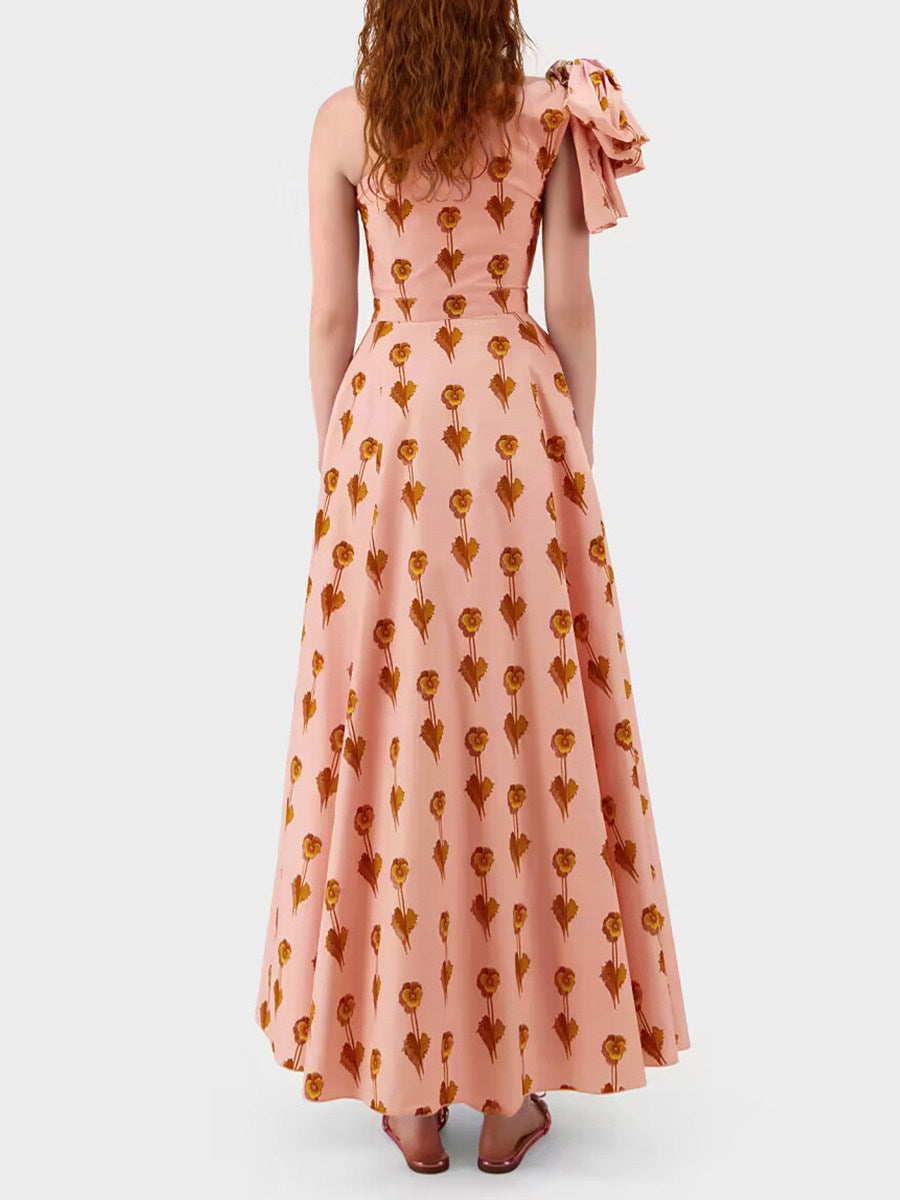 Pink Printed Bows Slanted Shoulders Dress Flowering Girl