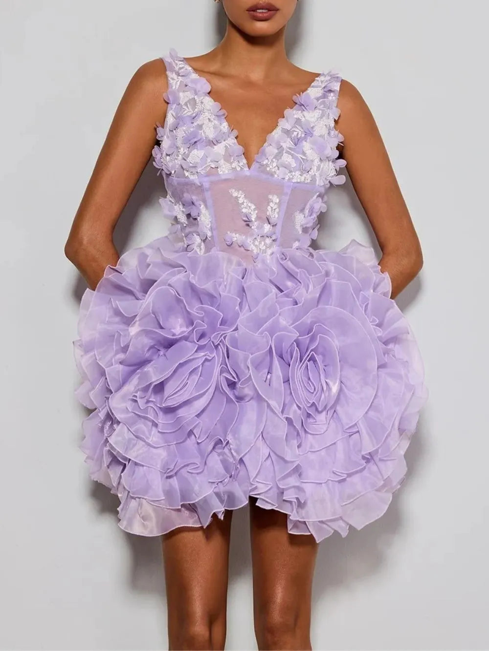 Ervin Purple V Neck Flower Mini Dress Flowering Girl