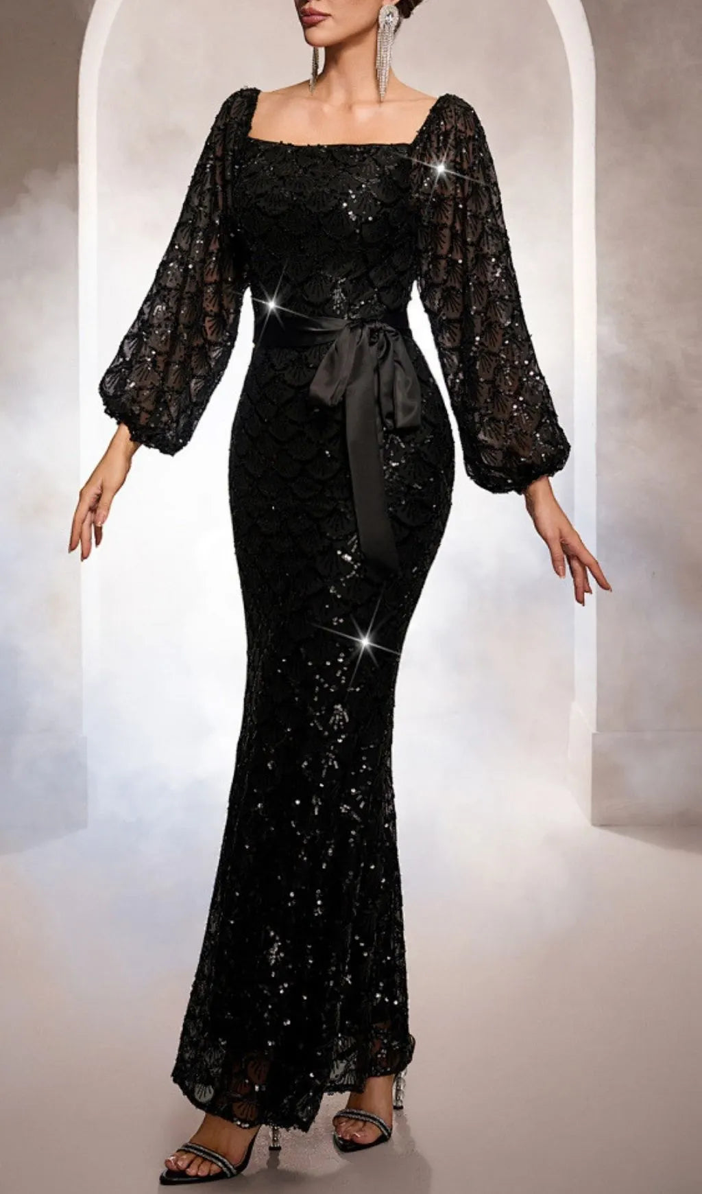 Kathy Black Sequin Long Sleeve Maxi Dress Flowering Girl