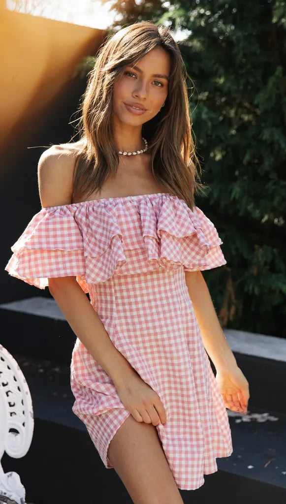 Off Shoulder Ruffle Plaid Mini Dress - Pink Flowering Girl