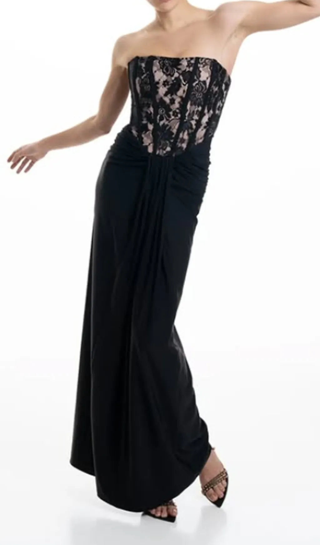 Dovie Black Strapless Corset Lace Maxi Dress Flowering Girl