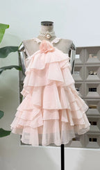 Rebecca Halterneck Ruffle Mini Dress In Pink Flowering Girl