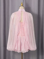 High Neck Keyhole Cape Puff Sleeve Ruched Pleated Mini Dress Flowering Girl