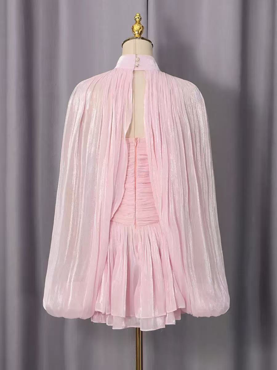 High Neck Keyhole Cape Puff Sleeve Ruched Pleated Mini Dress Flowering Girl