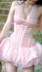 Jerrell Pink Halter Mesh Mini Dress Flowering Girl