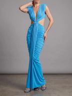 Mali Blue Ruched Cutout Maxi Dress Flowering Girl