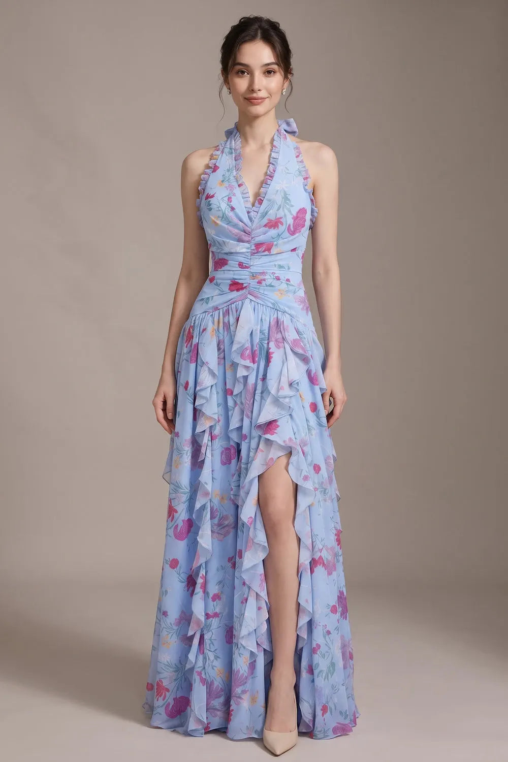 Light Blue Chiffon Fit-And-Flare Gown Flowering Girl