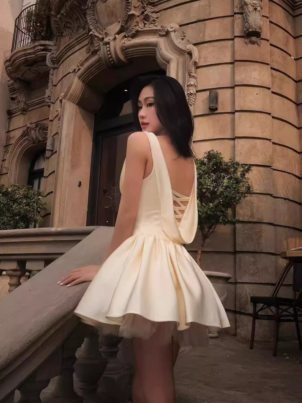 bernice backless pleated puffy Mini Dress - Champagne Flowering Girl