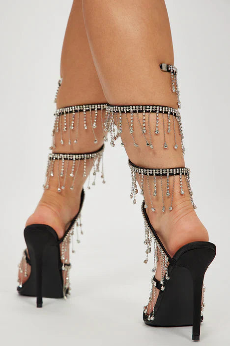 Arabella Rhinestone Tassel Stiletto Heels - Black Flowering Girl