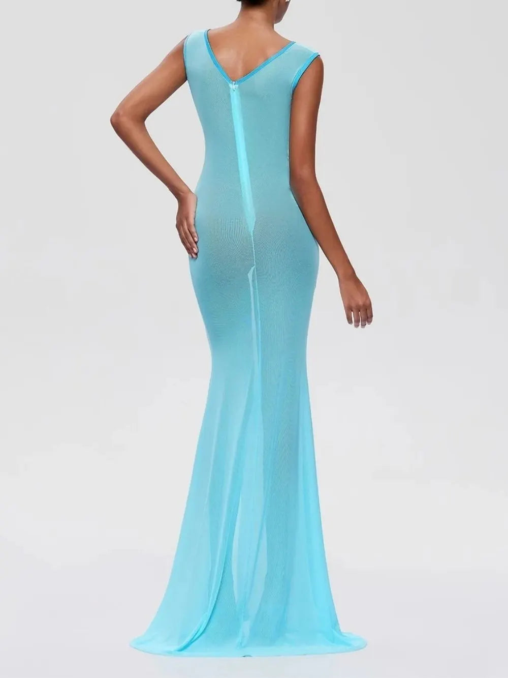 Furaira Sleeveless See Through Maxi Dress In Sky Blue Flowering Girl