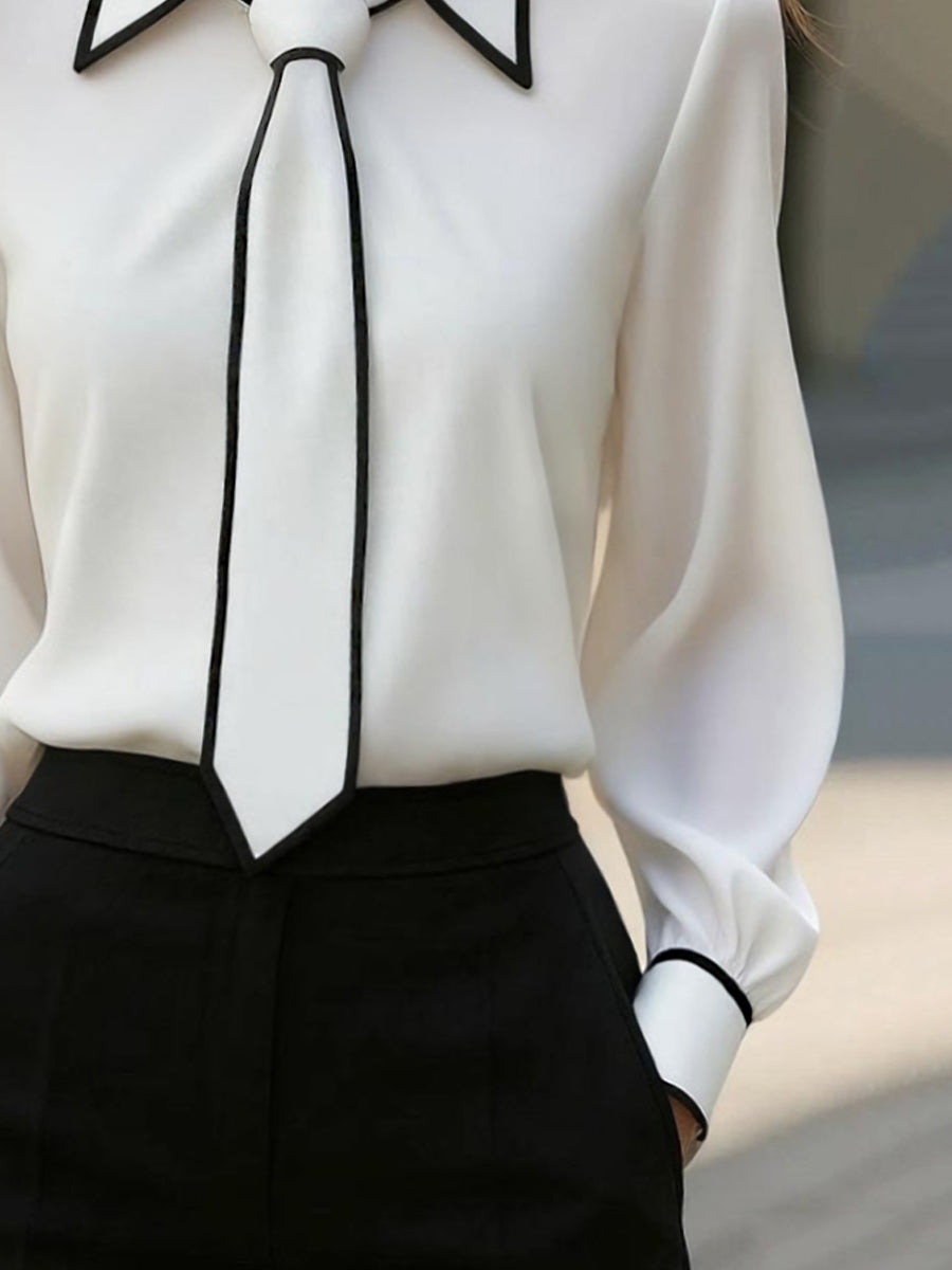 Chic Contrast Trim Tie-Neck Blouse Flowering Girl