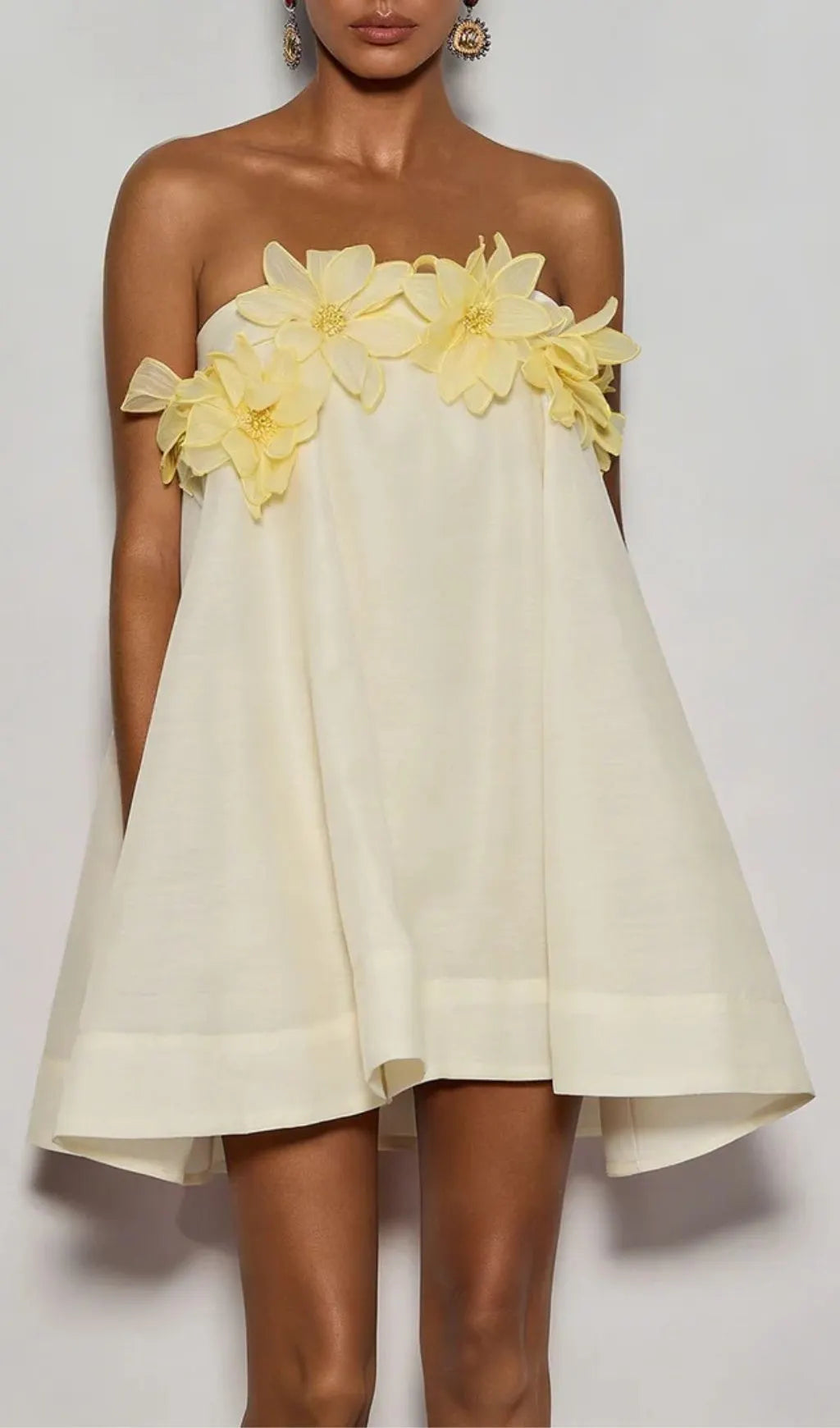 Gratho Strapless Flower Mini Dress In Yellow Flowering Girl