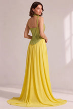 Lime Green Rhinestone Spaghetti Strap Choker Neck Pleated Chiffon Train Evening Gown Flowering Girl
