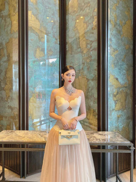 Two-Tone Hollow Tube Top Tulle Midi Dress Flowering Girl