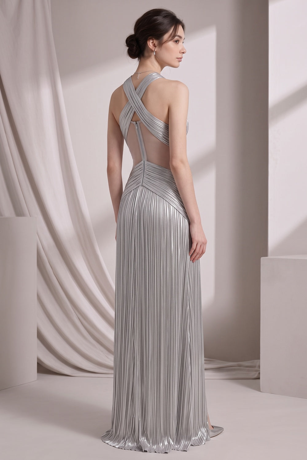 Silver Metallic Plissé Column Gown Flowering Girl