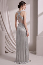 Silver Metallic Plissé Column Gown Flowering Girl