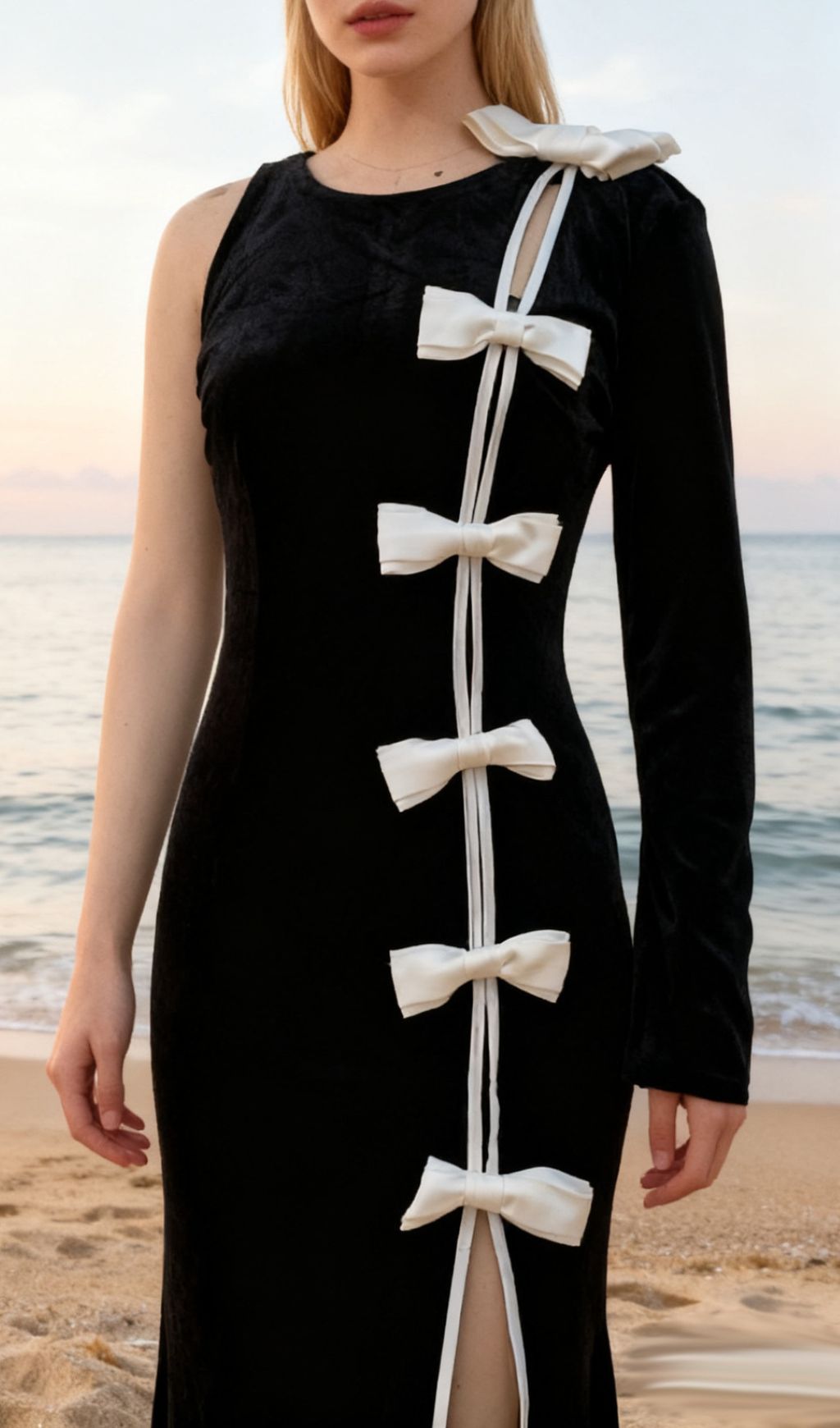 Joyce Black One Sleeve Bow Maxi Velvet Dress Flowering Girl