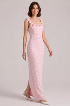 Pink 3D Rose Strap All Over Pearl Beaded Mermaid Maxi Gown Flowering Girl
