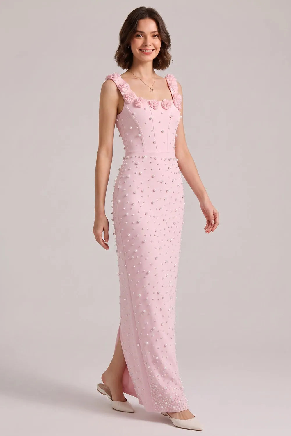 Pink 3D Rose Strap All Over Pearl Beaded Mermaid Maxi Gown Flowering Girl
