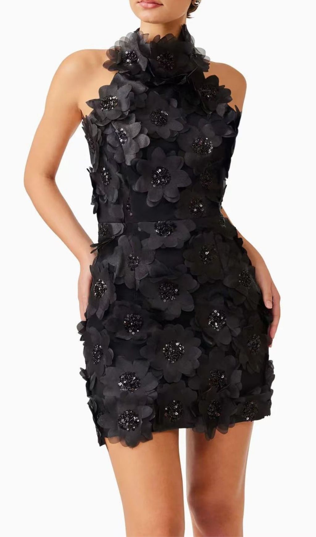 Pavryn Black Halterneck Sequin Flower Mini Dress Flowering Girl