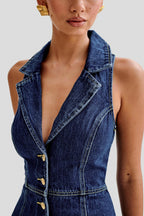Eartha Collared Denim Mini Dress - Dark Blue Flowering Girl