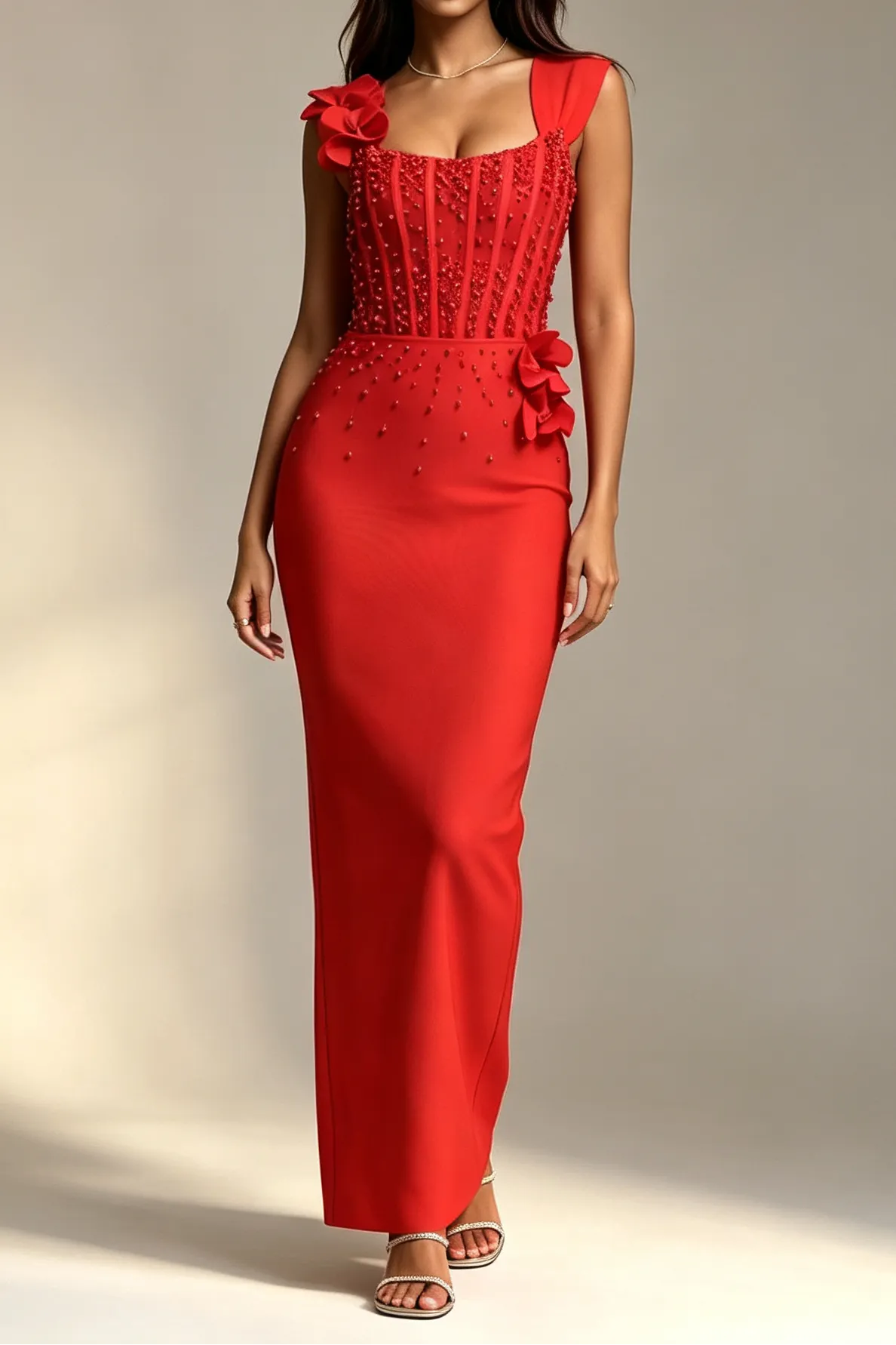 Red Square Neck Sleeveless Corset Beaded 3D Floral Bodycon Mermaid Maxi Dress Flowering Girl