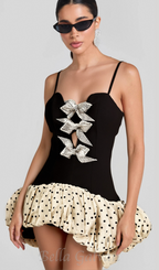 bow polka dot patchwork mini dress in black Flowering Girl