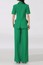 Green Flower Embellished Blazer With Wide-Leg Trousers Set Flowering Girl