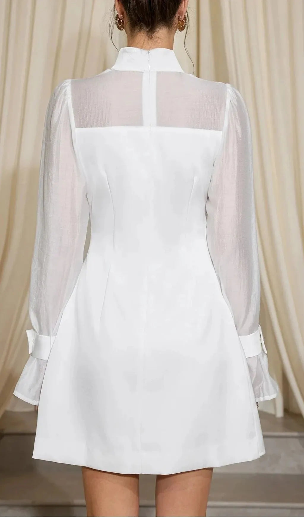 Sabrina High Neck Mesh Patchwork Mini Dress In White Flowering Girl