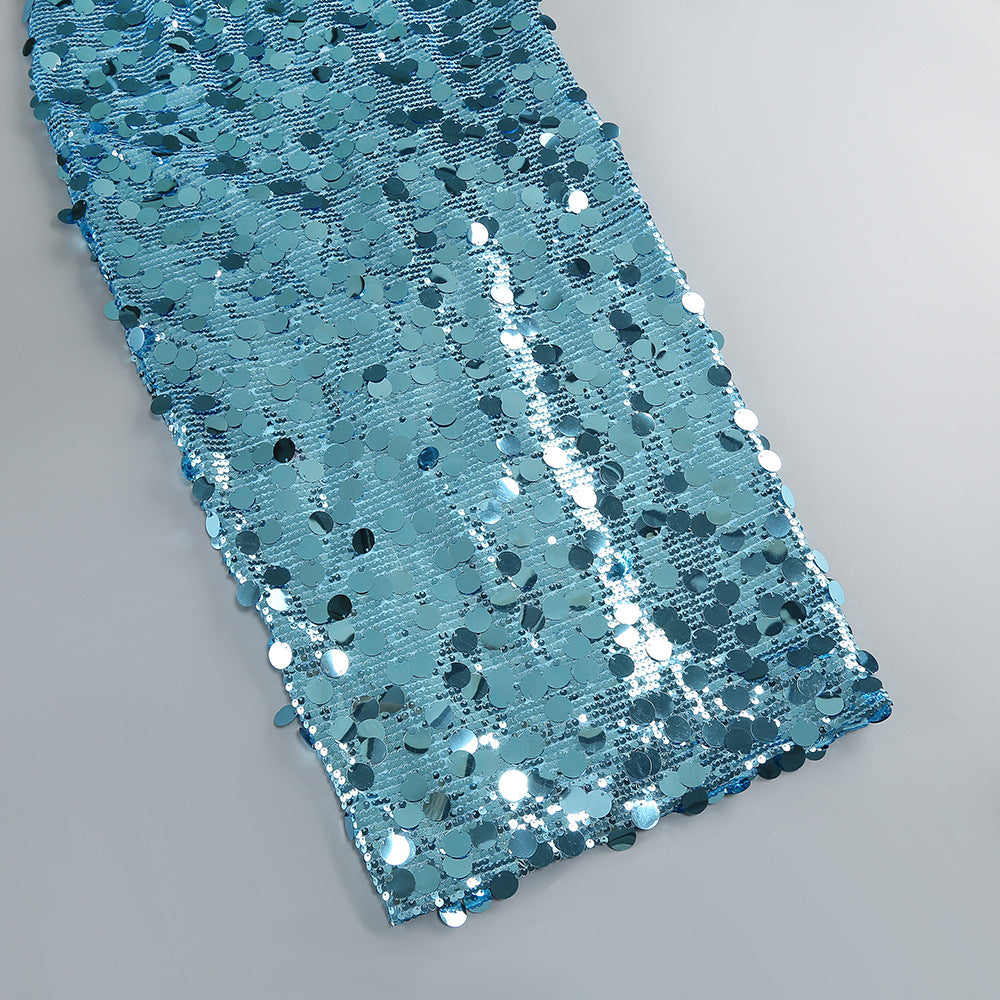 Carlin Sequin Deep V Strapless Maxi Dress In Blue Flowering Girl