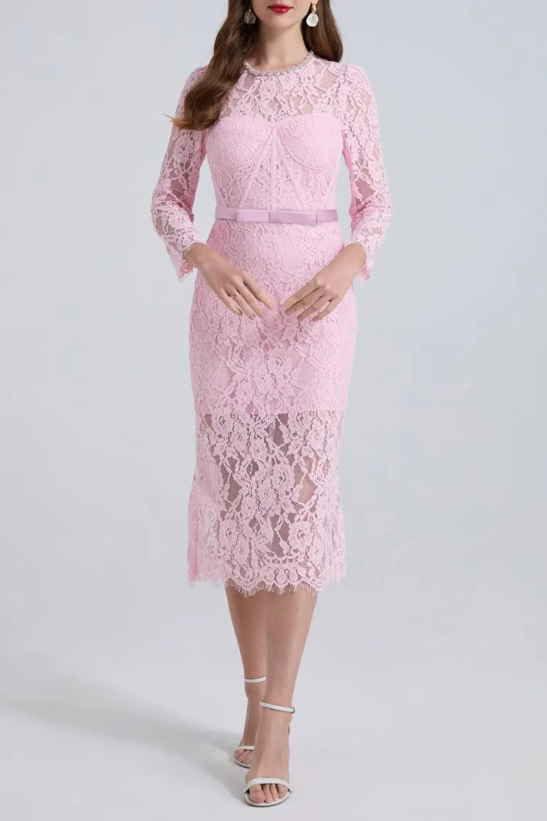 Bernice Rhinestone Fishbone Lace Midi Dress In Pink Flowering Girl