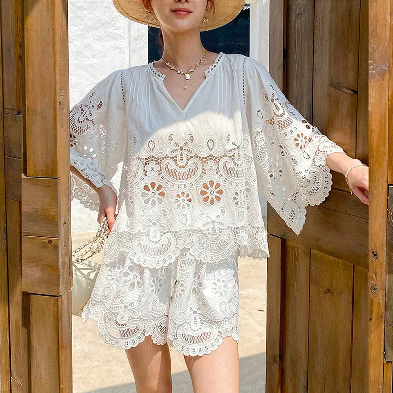 White Lace Embroidered Hollow Suit Flowering Girl