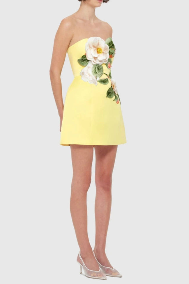Suzanne Appliqué Floral Bustier Mini Dress In Yellow Flowering Girl